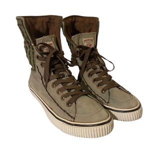 True Religion Sz 12 Men's High Top Shoes Thick Stitch Green/Tan distressed